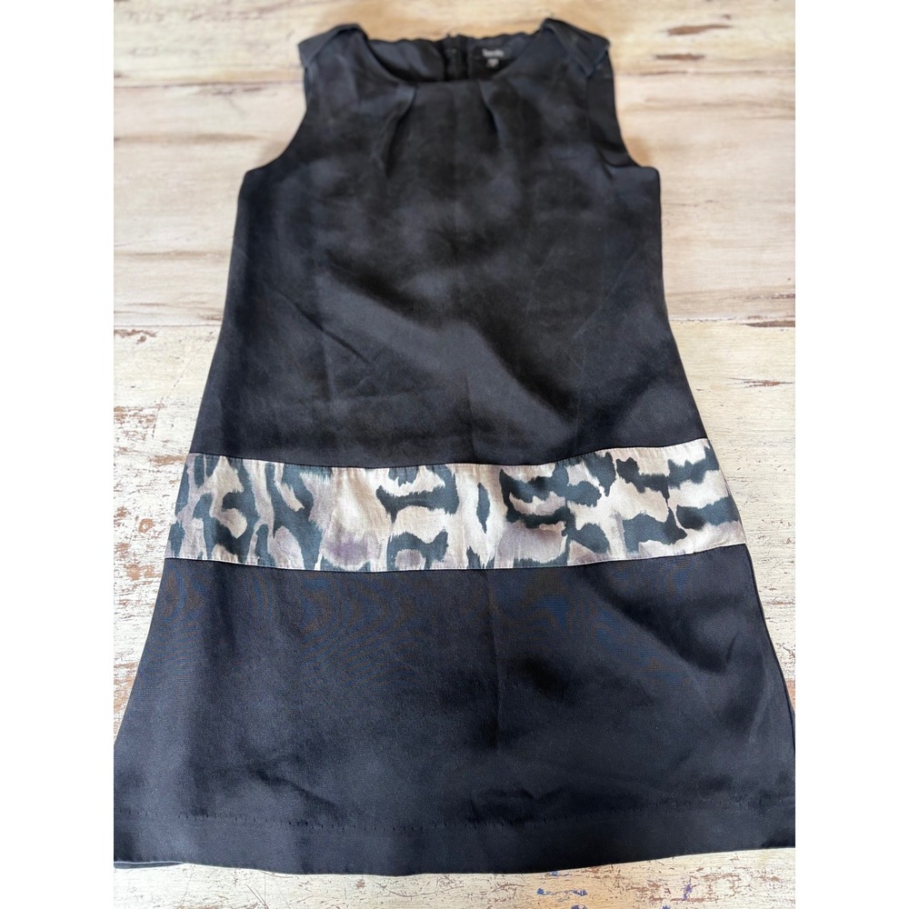 TEENFLO silk shift dress women size 6 black leopard print accent sleeveless mini